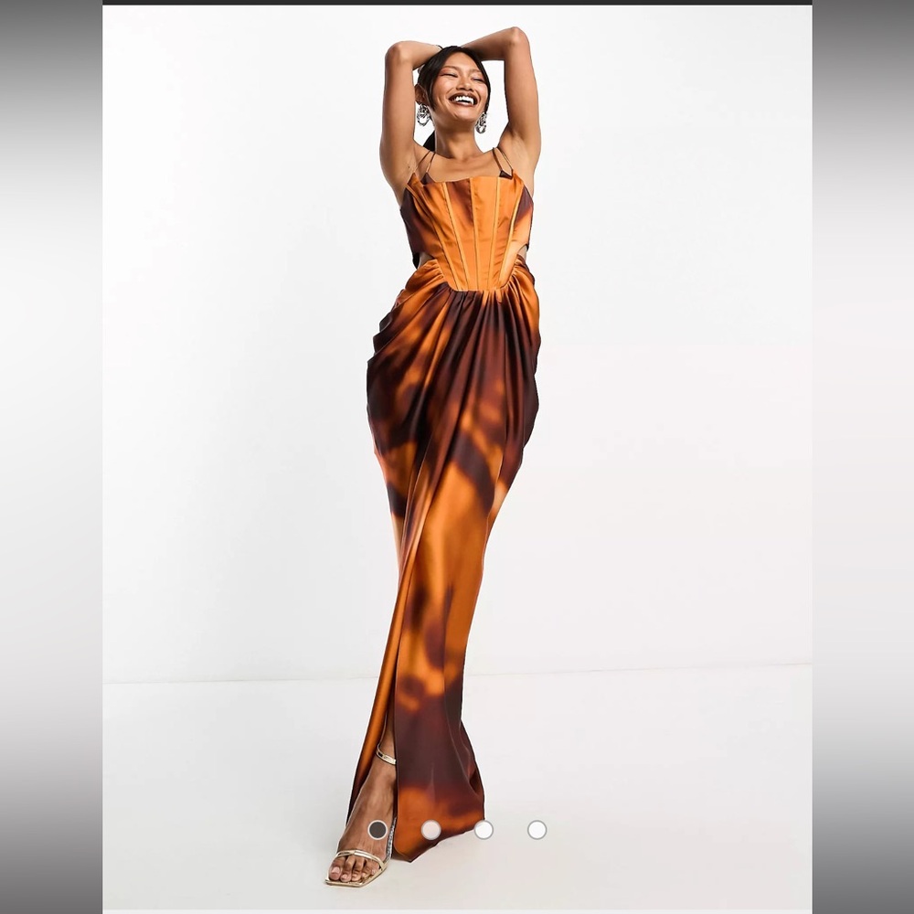 corset boned satin cut out maxi dress with draped skirt in blurred print
